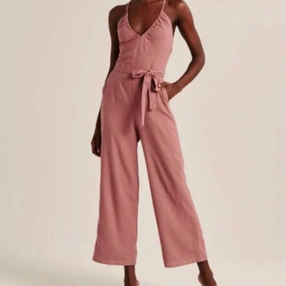 Abercrombie & Fitch XS Linen Blend Mauve Pink Crossback Wide Leg Jumpsuit - Picture 1 of 11